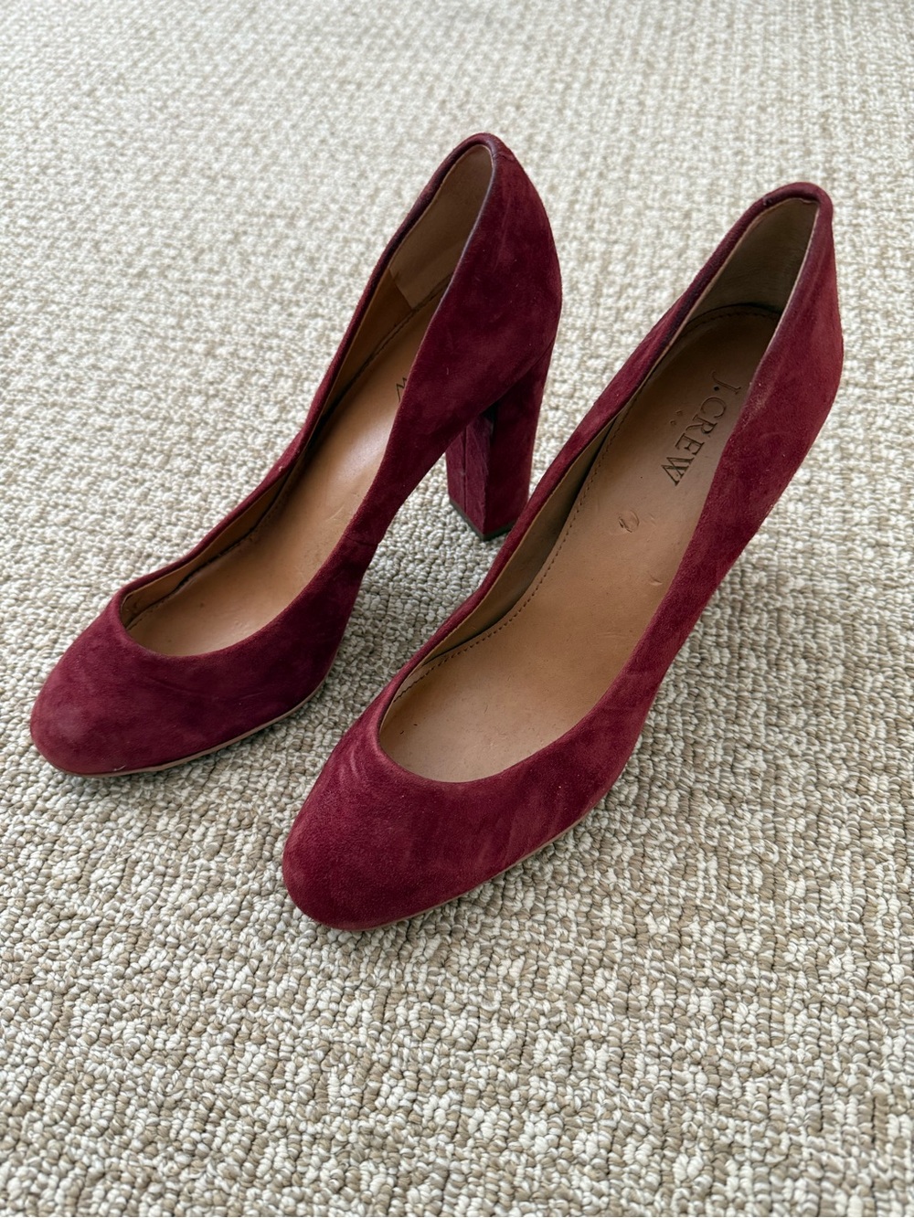 J. Crew Burgundy Suede Round-Toe Block Heel Pumps